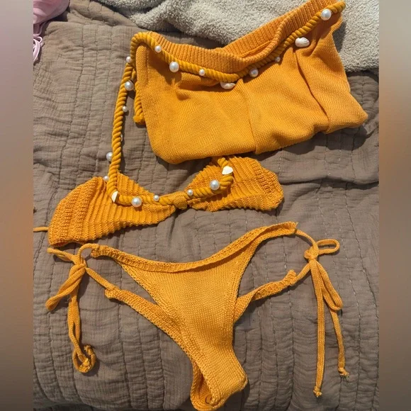 Orange Knit bikini and Skirt with Shell Accents - Picture 10 of 12